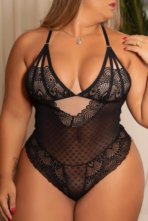 ZBlack Strappy Floral Lace Plus Size Lingerie